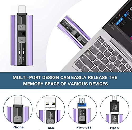 Image of EATOP USB Flash Drive 256GB iPhone Memory Stick Storage for Photos and Videos, iPhone Photo Stick Storage Flash Thumb Drive Compatible with iPhone iPad Android and Computers (Purple)