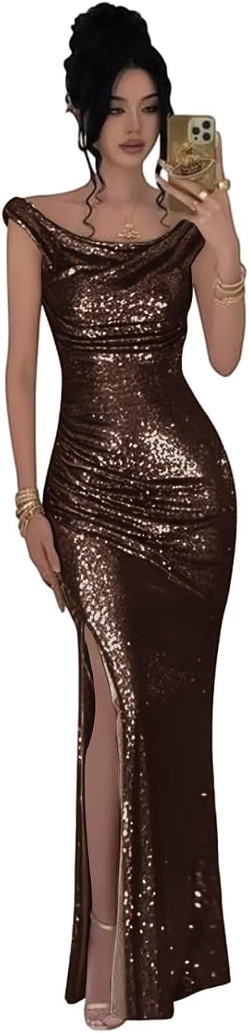 Sequin Mermaid Prom Dress for Women Sparkly Off Shoulder Long Formal Evening Dresses with Slit
