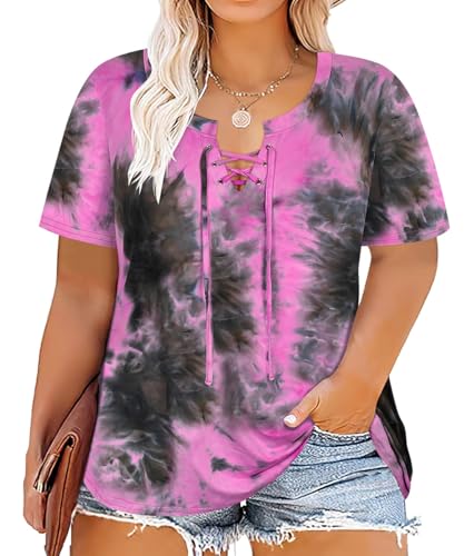 Image of CARCOS Womens Plus Size Tops Short Sleeve Shirts V Neck Tunic Floral /Tie Dye /Solid Summer Tees XL-5X