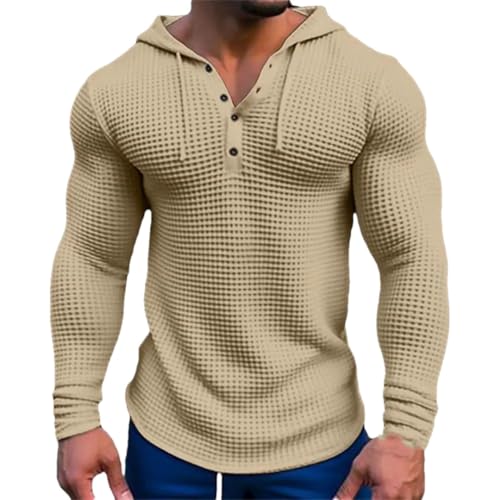 Men's Slim Fit Long Sleeve Hooded Sports Top Breathable Waffle Knit Casual Shirt