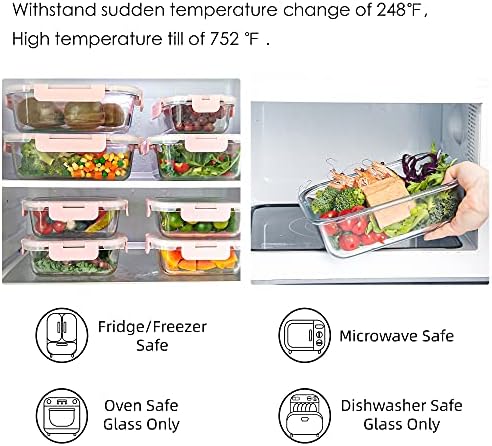 YARYOUNG 10 Pack Glass Food Storage Containers, Glass Meal Prep Containers with Lids, Leak Proof, Microwave & Freezer Safe, pink
