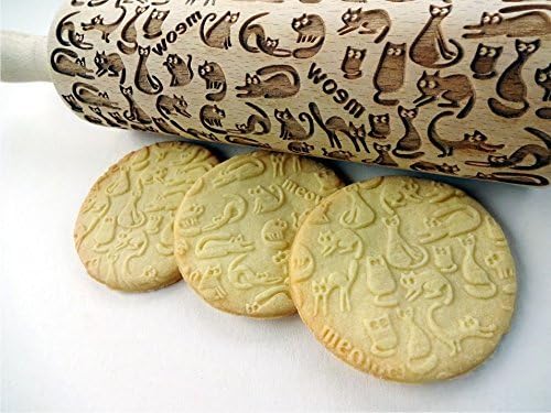 MEOW CATS EMBOSSING ROLLING PIN WOODEN HANDMADE ROLLING PIN with CATS GIFT FOR CAT LOVERS