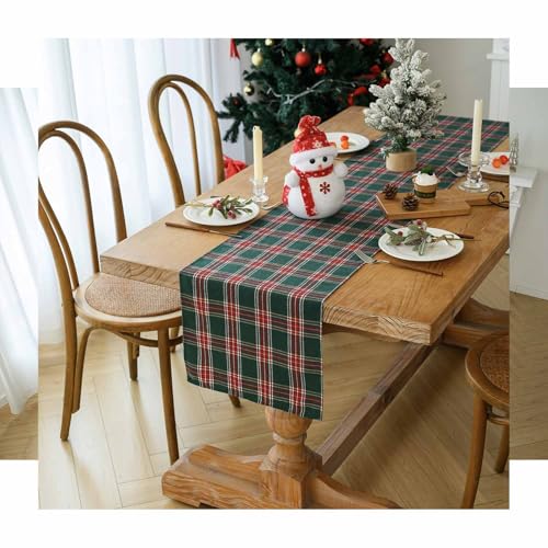 Runner Natalizio da Tavolo Moderno Verde e Rosso Tartan Scozzese Centrotavola Natalizie Decorativi Plaid Christmas Table Runner Addobbi Natalizi per la Casa, Feste 40x180cm - immagine 3
