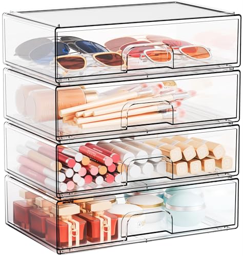 Yieach 12.2''W Clear Stackable Storage Drawers,4 Pack Acrylic Drawers,Bathroom Organizer