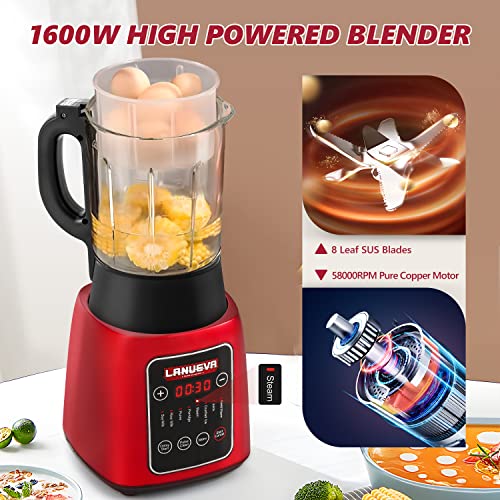Lanueva 8 In 1 Professional Countertop Cooking Blender, 59 Oz Hot And Cold Blender With Self-Cleaning For Shake, Smoothies, Crushing Ice, Soup, Soy Milk, 8 Leaf Sus Blades Red Blender(Recipe Included), 110V #TOP2
