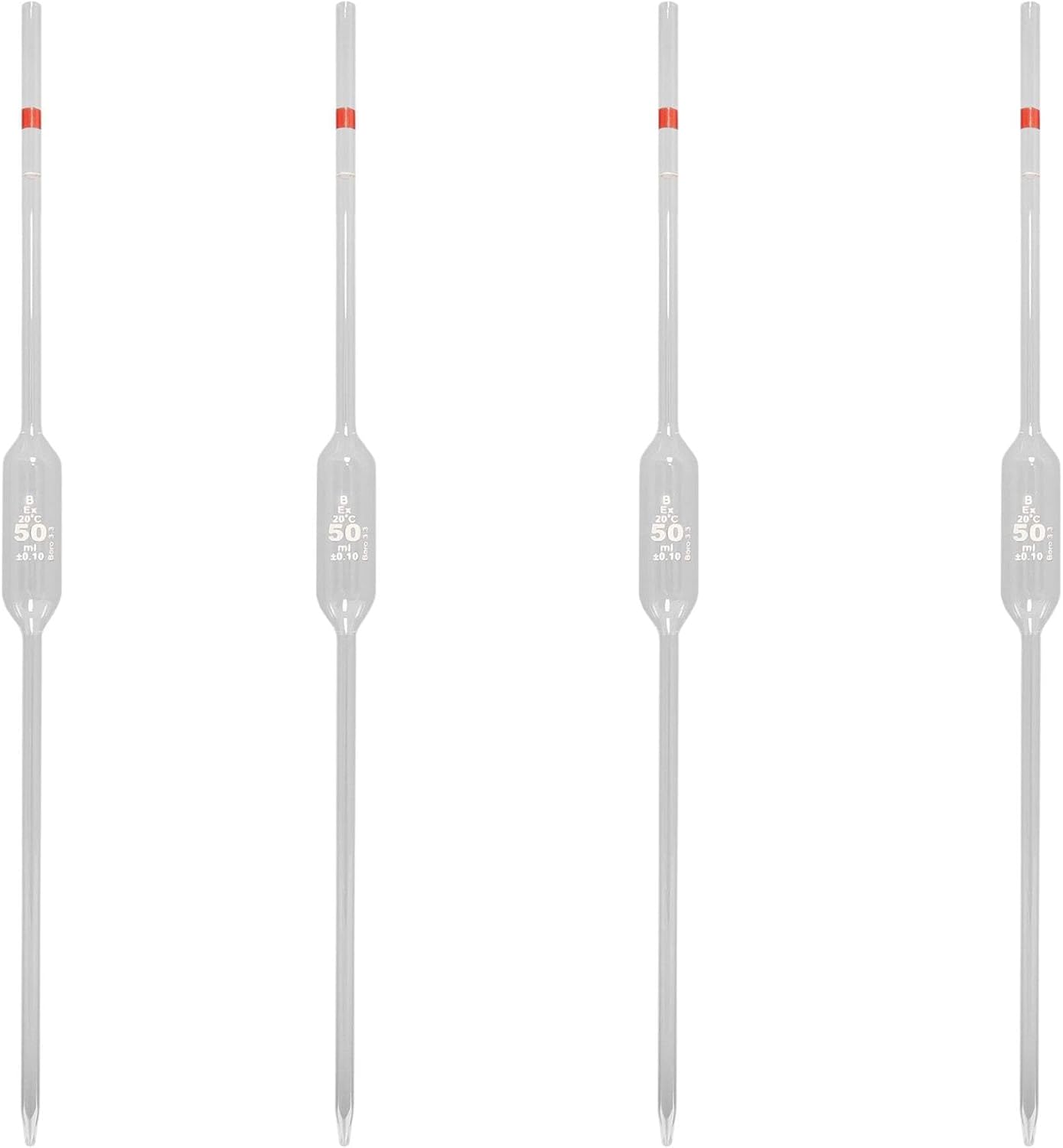 Volumetric Pipette – Pack of 4 – 50mL Class B Borosilicate Glass with Color-Coded Band and Amber Capacity Mark – Precision Lab Glassware for Chemistry, Biology, and STEM Education