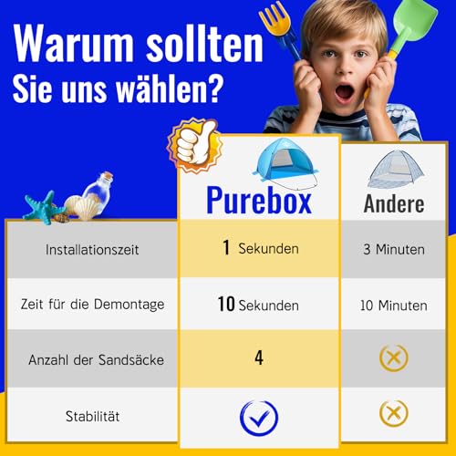 Strandmuschel Pop Up Strandzelt 3-4 Personen, Pop Up Strandmuschel mit Reißverschlusstür UV-Schutz 50+ Windschutz Strand Zelt, Automatisches Tragbarer Wurfzelt Tragetasche und Heringe