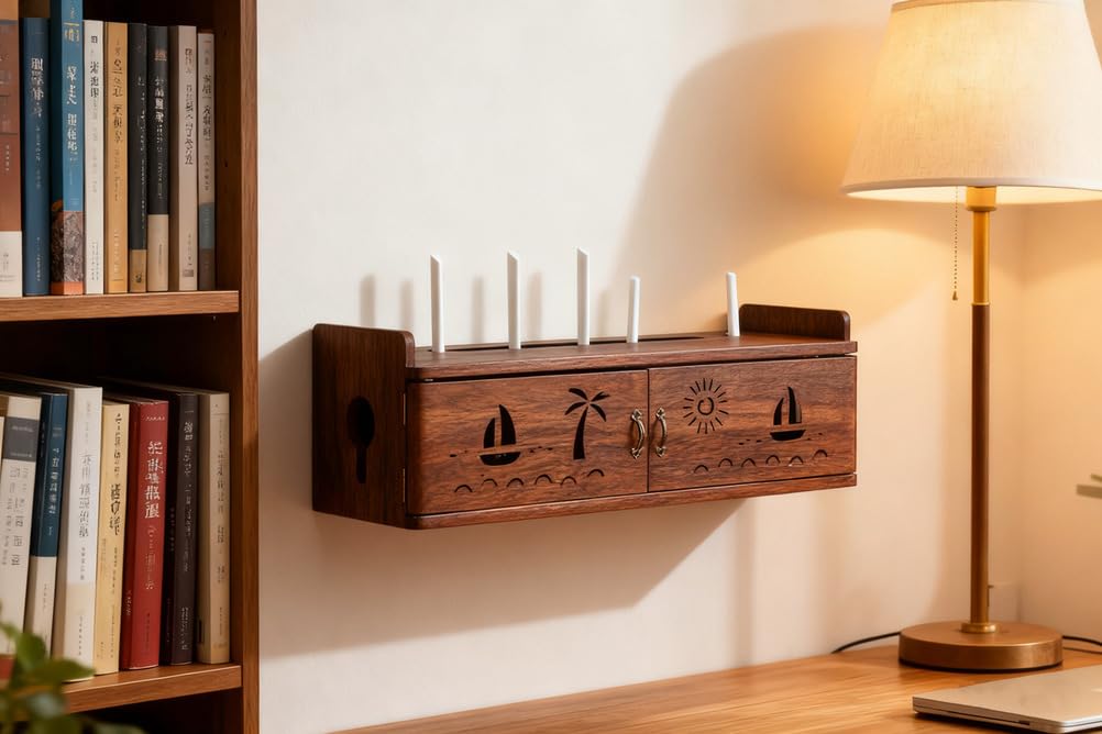 AVSMGP Meuble De Rangement pour Routeur en Bois De Paulownia Grand Meuble Rangement Mural pour Routeur Wi-FI- Étagère Marron Anthracite pour Dissimuler Routeur Et Câbles,58CM/22.8IN