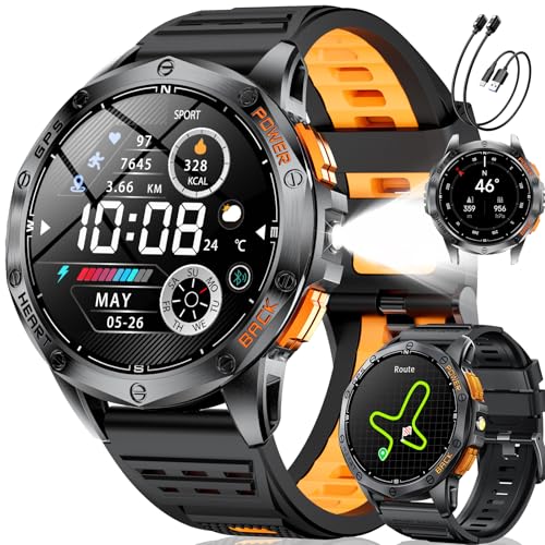 ✨【Smartwatch Militare con Torcia LED】Questo smartwatch militare è dotato di vetro con durezza 9H e di una custodia in metallo resistente, offrendo una protezione eccellente contro graffi e urti in ambienti estremi. Con la sua finitura metallica opaca e il design unico del pulsante laterale meccanico, combina eleganza tradizionale e alta funzionalità. Include anche una torcia LED ad alta luminosità con una portata di 20 metri, ideale per attività notturne o all’aperto.