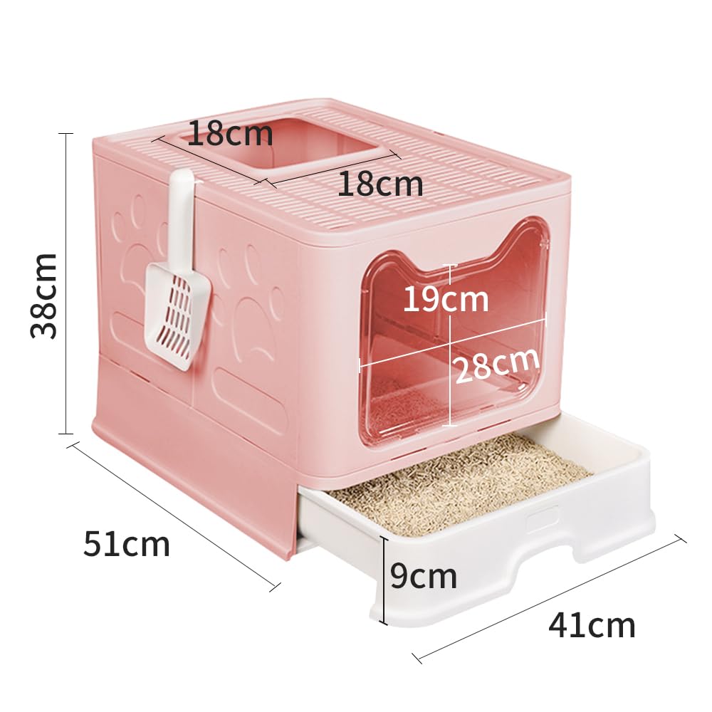 Bandeja de arena cerrada para gatos, gran casa Deles WC para gatos plegable con tapa con extracción de bandeja, pala y adecuada para gatos grandes (rosa cerezo, 51 x 41 x 38)