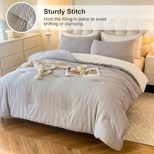 Image of tohrisa Boho Comforter Set King Size Striped Pleats Bohemian Seersucker Bedding Set All Season Soft Cozy 3 Pieces Quilt with 2 Pillowcases(104 inchX90 inch Grey)