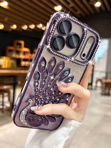 Image of mobistyle Designed for iPhone 17 Pro,3D Diamond Luxury Electroplate Glitter Peacock Tail Bling Design Camera Protection Shockproof Phone Back Cover Case for (Purple, iPhone 17 Pro)