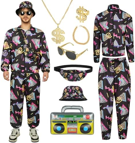 AYBUY 80er 90er Jahre Outfit Herren, 9-teiliges Disco Kostüm Herren | 80er Jahre Kleidung Set aus Hemd, Hose und Hut, Hip Hop Kurzarmshirt für Rollenspiele, Rave-Partys, Halloween,