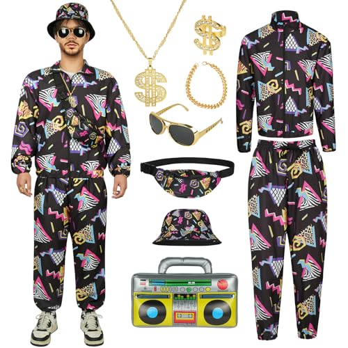 AYBUY Disco Kostüm Set, 9-teiliges Disco-Outfit inklusive Langarmshirt, Hose, Hut, Gürteltasche, Halskette, Armband, Ring, Sonnenbrille und aufblasbarem Radio, für eine 70er-Jahre-Party(XL-Schwarz)