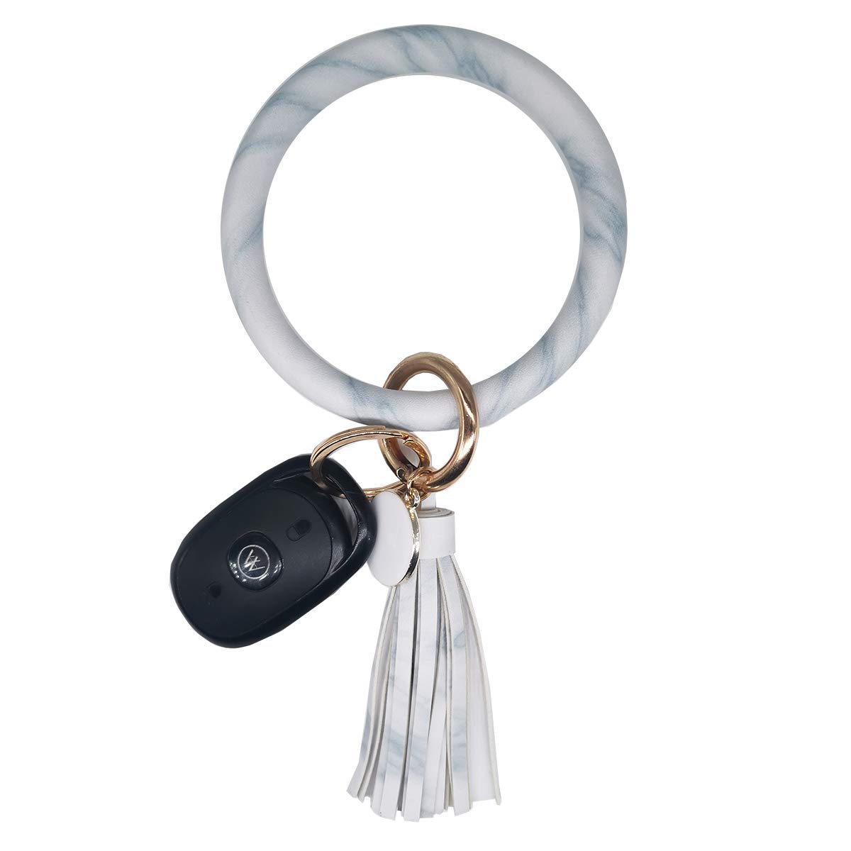 AnnabelZ Keychain Bracelet Wristlet Bangle Key Holder Round Keyring Leather Tassel Key Ring Chain for Women Girls (Marble White)