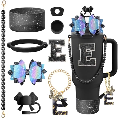 Hpebl 9PCS Black for Stanley Cup Accessories Set Bling Initials Bow Charms for Stanley Decorations 30/40 Oz Tumbler Accessories Including Bow Straw Topper, Handle Strap, Spill Stopper（Letter E） - image 1
