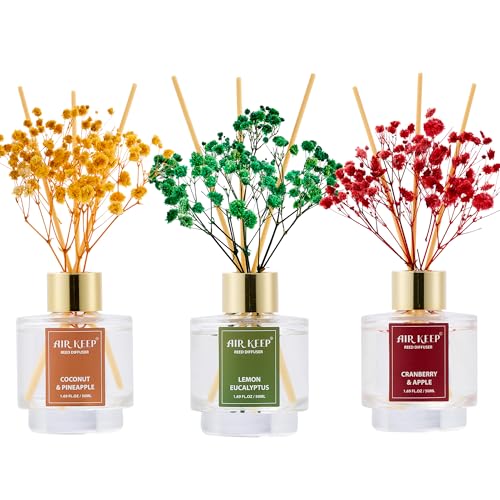 Airkeep Profumatore per Ambienti 50ml*3, Coconut Pineapple/Lemon Eucalyptus,/Cranberry Apple, Diffusore Profumo Ambiente con 24 Bastoncini di Fragranza, per Bagno, Appartamento, Decorazione della Casa