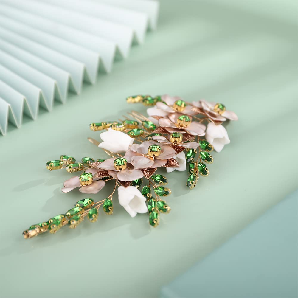 Kercisbeauty Emerald Green Crytal Hair Comb Gold Flower Beaded Hair Piece for Wedding Brides Bridesmaid Girls Prom Hair Accessories(Green) - Image 3
