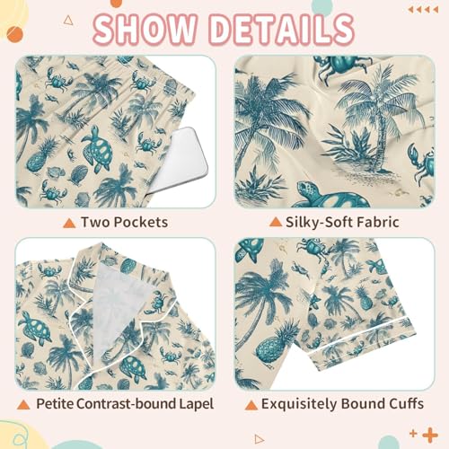 senya Palm Sellfish Crab Pineapple Satin Summer Pajama Sets Silk Short Sleeve Button Down Sleepwear3