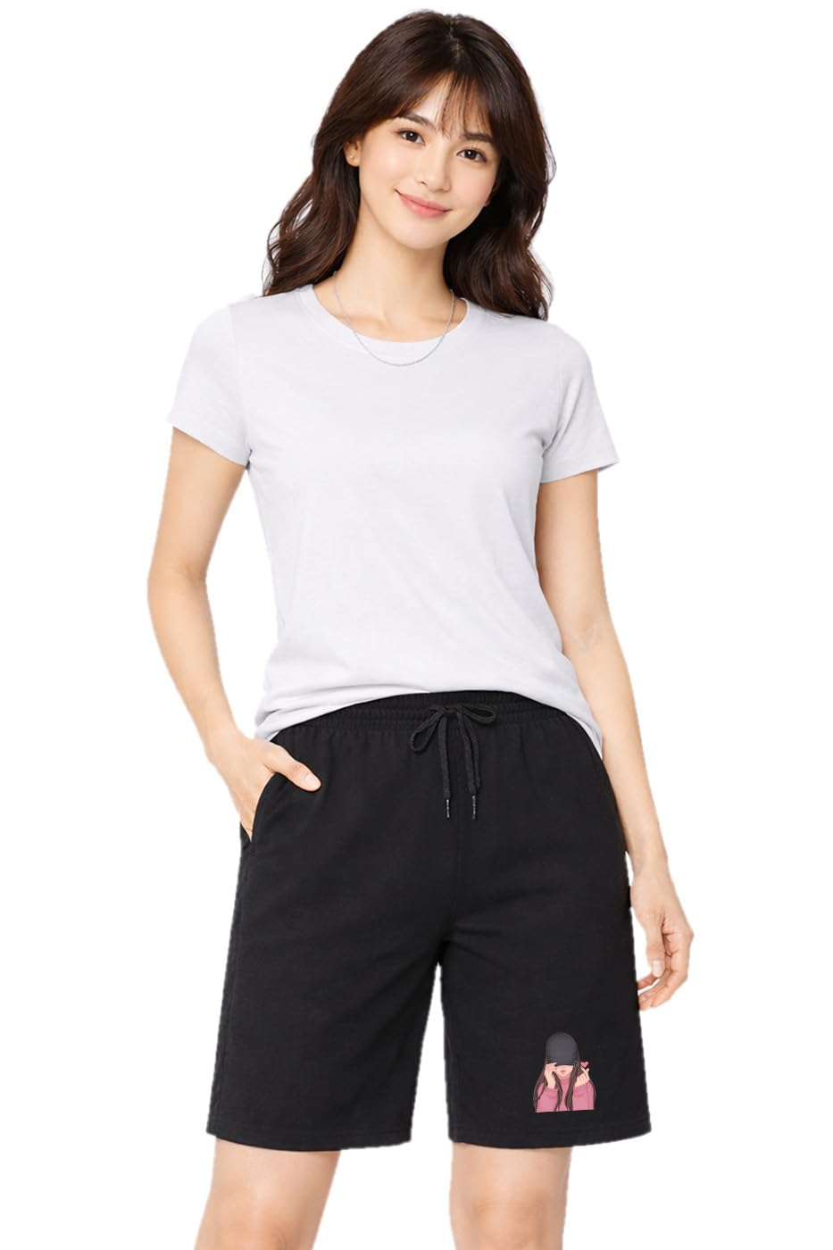 One Side Pockets Finger Heart Womens Knee Length Casual Shorts-image-1