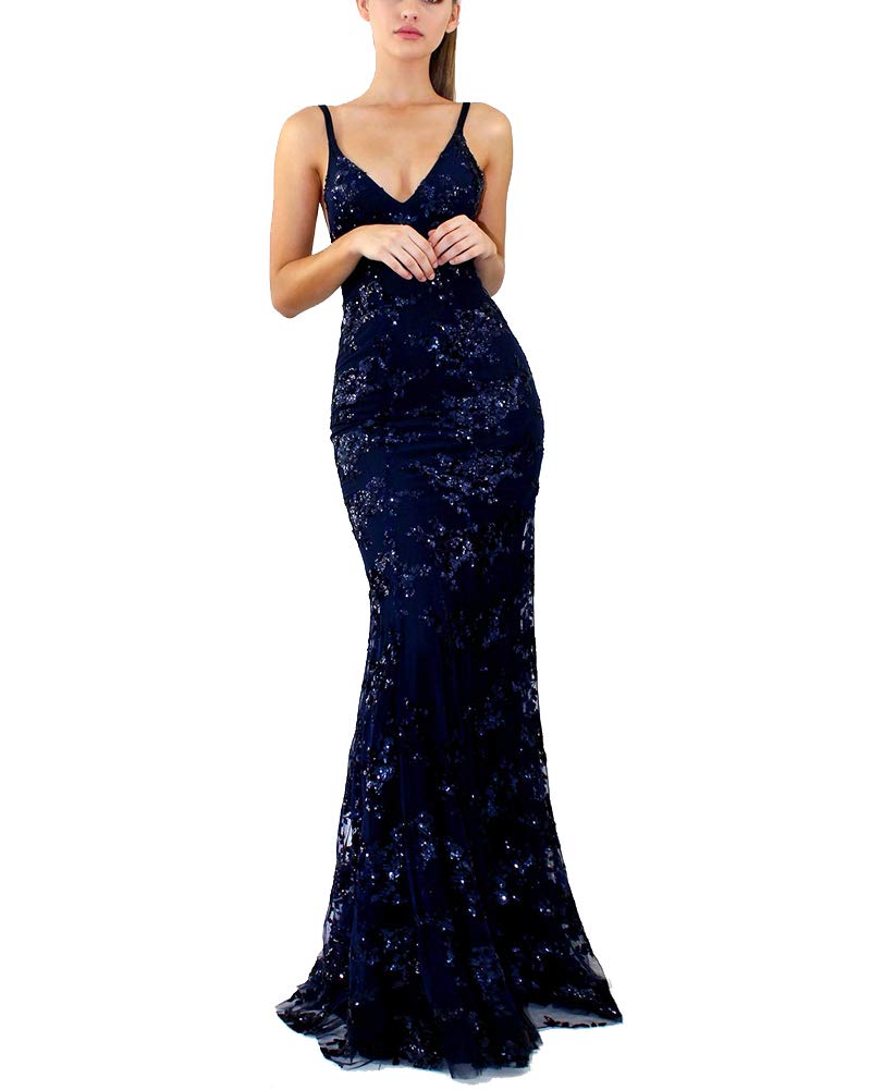 Anyua Women's Navy Dress Sparkly Backless Sequin Mermaid Long Evening Prom Gowns S
