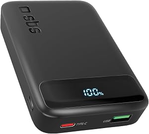 SBS Compact PowerBank, 10000mAh, 20W Power Delivery (PD 3.0 PPS) | AFC, Power Bank con Ricarica Rapida, Display LCD, USB-C, USB-A, Caricabatterie Portatile da Viaggio, Design Compatto, Nero