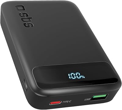 SBS Compact PowerBank, 10000mAh, 20W Power Delivery (PD 3.0 PPS) | AFC, Power Bank con Ricarica Rapida, Display LCD, USB-C, USB-A, Caricabatterie Portatile da Viaggio, Design Compatto, Nero