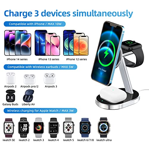 3 In 1 Magnetic Wireless Charger, 18W Aluminum Alloy Magsafe Charging Station For Iphone 14 Pro/14 Pro Max /14/13/12 Series, Airpods 3/Pro/2, Iwatch 8/Ultra/7/6/Se/5/4/3/2 (With Qc 3.0 Adapter) #TOP1
