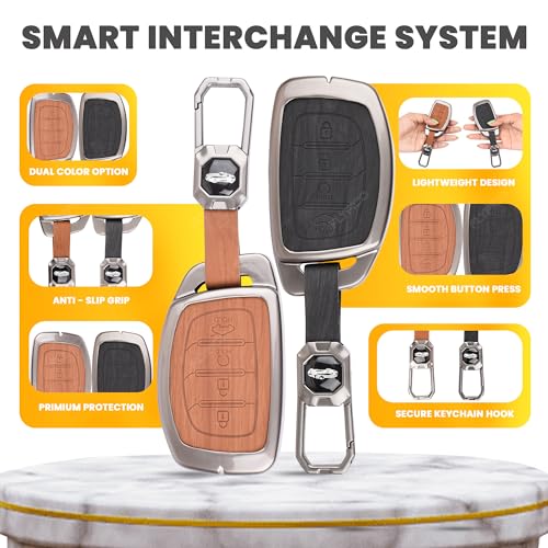 Image of Car Key Cover Compatible with Hyundai Alcazar and Creta Car 4-Button Smart Key (Dual Leather Metal (Black & Brown))