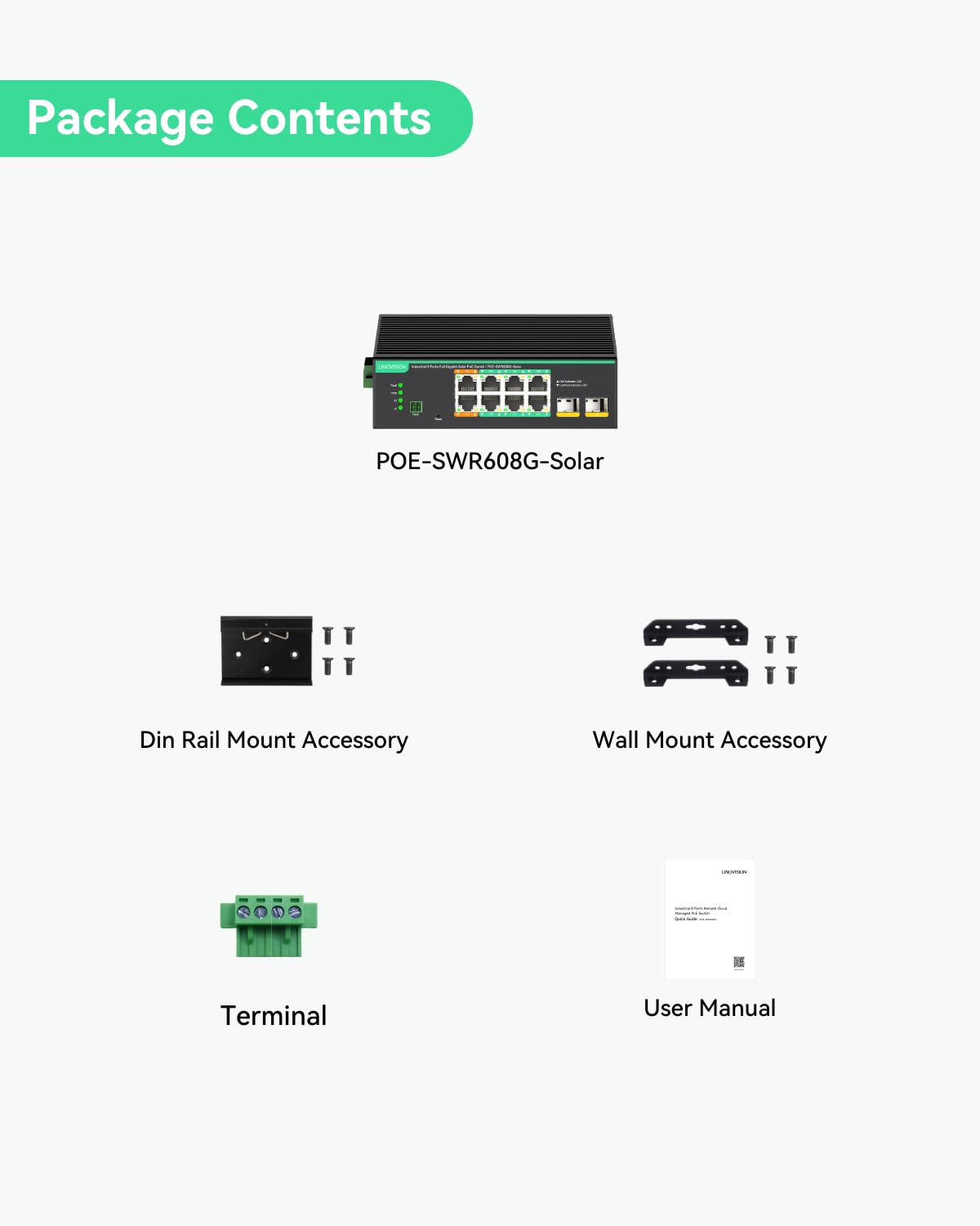 LINOVISION Switch PoE Industriale Full Gigabit a 8 Porte, Ingresso DC12~57V, 24V/12V per Sistemi Solari o UPS per Camper (RV), 2 Porte High PoE+ per Grandi Telecamere PTZ o AP Wireless Conforme NDAA