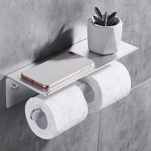 TRUSTLIFE Soporte Doble para Papel Higiénico con Estante Grande Instalación con Adhesivo sin Taladro Soporte para Rollo de Pared con Soporte para Teléfono para Baño y Cocina Negro Mate Cover