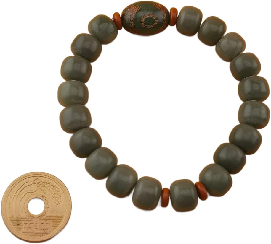 《整理番号 BM083》緑色三眼天珠+太鼓型菩提根玉ブレスレット