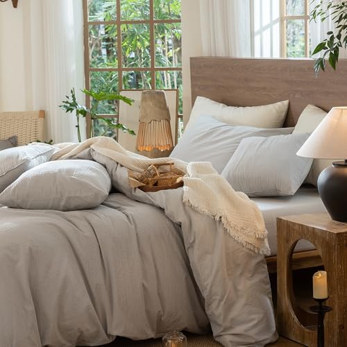 Image of MooMee Wavy Striped Duvet Cover Set 100% Washed Cotton Linen Like Textured Breathable Durable Soft Comfy (Light Grey, Palatial King /Oversized King 120 inchx98 inch)