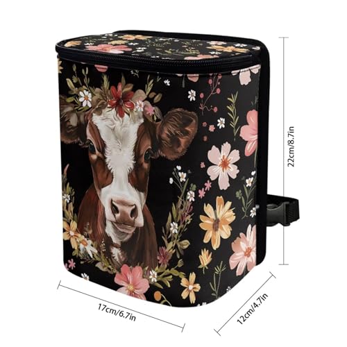 Image of Talayituse Cow Flower Print Car Trash Can, Portable Auto Garbage Bin Multifunctional Vehicle Interior Accessories with Adjustable Straps Universal Fit Truck SUV Sedan