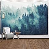 EMMTEEY Forest Tapestry Wall Art - Misty Pine Tree Landscape with Foggy Mountain, Large 92.5x70.9 Inch Nature-Themed Decor for Living Room Bedroom Indoor Spaces