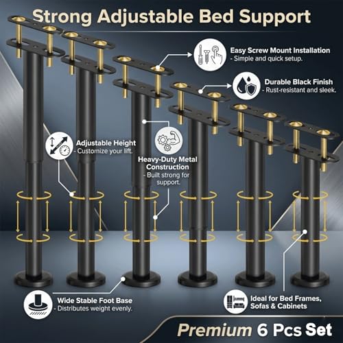 6 PCS Adjustable Height Bed Support Legs 7.08-13 Inch, Heavy Duty Metal Bed Frame Support Legs, Bed Center Slat Support Legs with Non-Slip Base, Adjustable Bed Legs for King Bed, Sofa, Couch, Cabinet by Generic - Used condition - Image 2