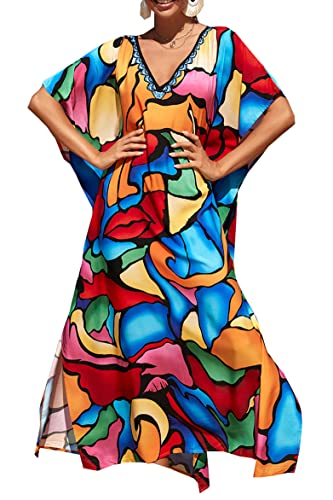 LikeJump Boho kaftan voor dames, strandkleding, badmode, kimono, maxi-jurk, extra grote maat, tops, One size