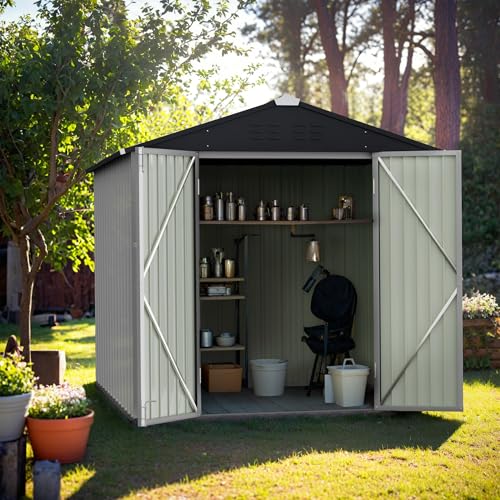Image of GUNJI 6 x 4 FT Shed Outdoor Storage Shed Metal Garden Shed with Lockable Door Outside Waterproof Tool Shed for Backyard, Patio, Lawn (White)
