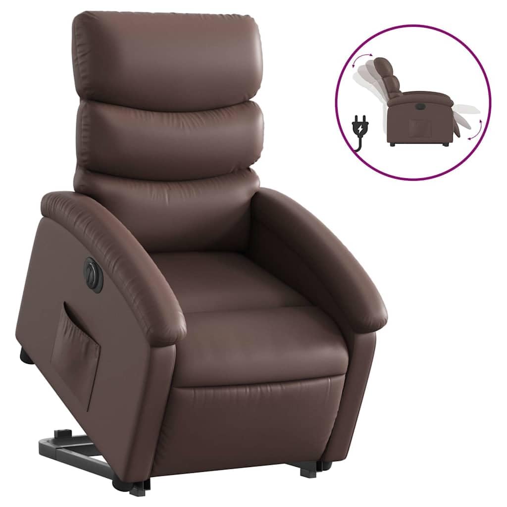Sillón elevador reclinable eléctrico de piel sintética marrón con función de elevación e inclinación de 135 grados, estructura estable y bolsillo lateral, asiento cómodo para adultos
