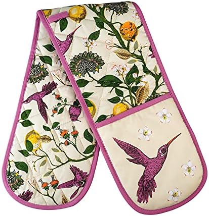 Double Oven Gloves Kitchen Cooking Baking Oven BBQ Pans Potholder Mitts Mitten- Hummingbird 100% Cotton Double Oven Gloves Purple and off-white UK