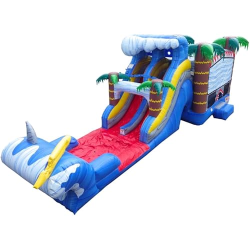 JumpOrange Shark Commercial Grade Bounce House Water Slide with Pool (with Blower), Kids and Adults, Wet Dry Combo, Basketball Hoop, Pop Up Obstacles, Climb Wall, Inflatable, Summer
