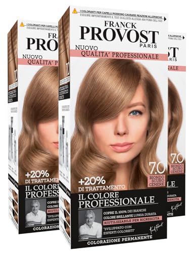 Franck Provost Tinte permanente reutilizable con tratamiento de belleza, coloración profesional y cobertura óptima con larga duración, color 7.0 rubio oscuro ceniza – 3 colores