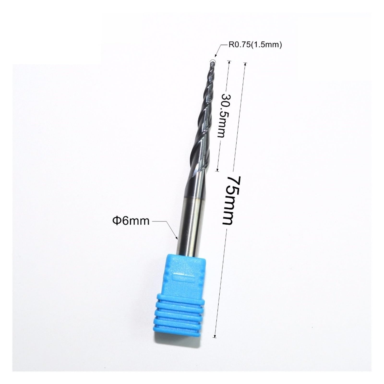 cuchilla con cabeza de bola cónica, 1 pieza - 6 mm * R0,75 * 30,5 * 75L, fresa de extremo de carburo sólido HRC55 TiALN, broca de enrutador cónica esférica for carpintería, punta de bola cón