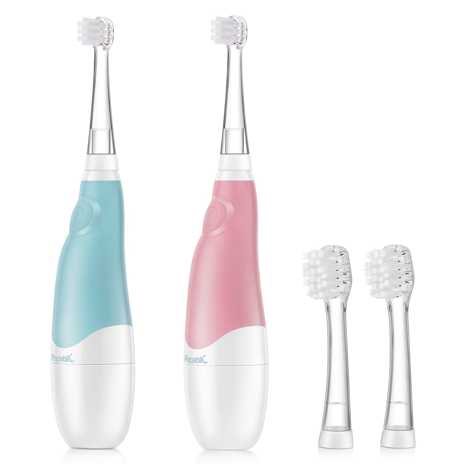 Papablic BabyHandy 2-Stage Sonic Electric Toothbrush for Babies and Toddlers Ages 0-3 Years, Blue Bundle with Pink