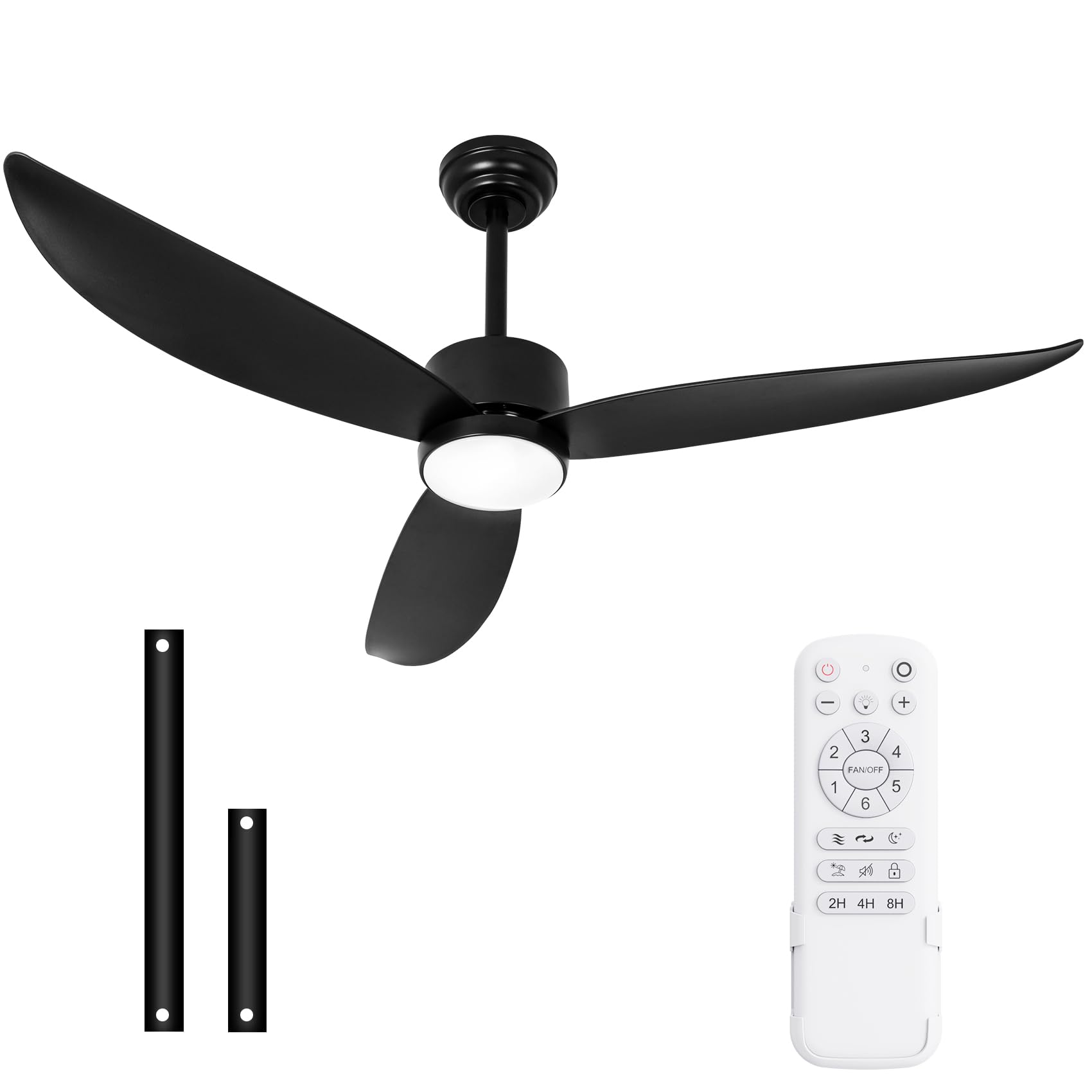 52" Ceiling Fan with Light, Black, Low Profile 3-Blades, Quiet Reversible DC Motor, Remote Control, Dimmable LED, for Living Room, Patio