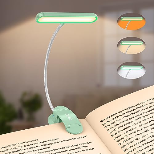 Gritin Rechargeable Book Light for Reading in Bed with 19 LED &Memory Function-Eye Caring 3 Color Temperatures,5 Brightness Levels,80 Hrs Runtime Flexible Goose Neck Clip on Light-Cyan