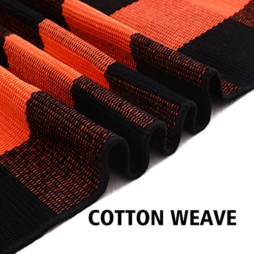 Fall Plaid Area Rug 4x6 Ft, Orange and Black Buffalo Check Large Farmhouse Cotton Rug, Hand-Woven Washable Indoor Outdoor Carpet for Halloween Thanksgiving Autumn Porch Patio Decor
