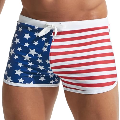 PINKY SENSON Mens Square Leg Fourth of July Swim Trunks Adjustable Drawstring American Flag Swimwear Jammers Stars M