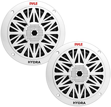 Pyle 5.25 Inch Dual Marine Speakers - 2 Way Waterproof&Weather Resistant Outdoor Audio Stereo Sound System with 150 Watt Power, Cloth Surround and Low Profile Design - 1 Pair - PLMR52, Black/White