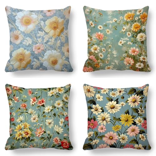 Fleur Housse de Coussin 35x35cm Lot de 4 Imperméable Lin Housse Coussin Exterieur Vert Carrée Taie Oreiller Decoration pour Salon Chambre Voiture Jardin Maison Balcon Taie Exterieur Decoration YW-Q